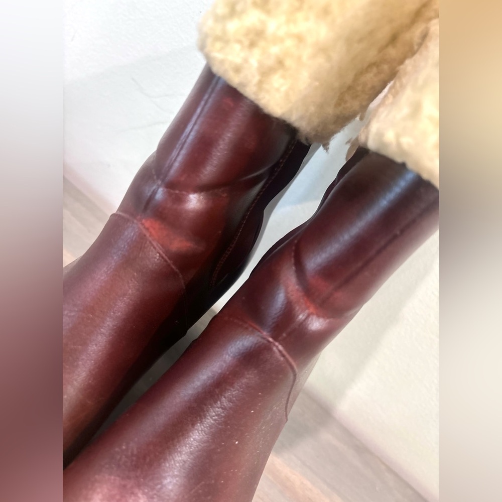 Womens Reddish Brown W Beige Fuzzy Faux Fur Heeled Booties Boots Size 8 - Picture 16 of 16